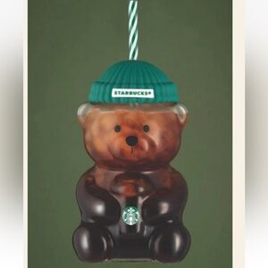 NWT Starbucks Glass Barista Bear Tumbler with Green Beanie Lid and Straw